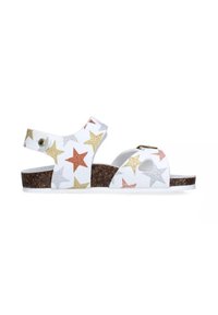 Sandali bianchi con stelle glitter multicolori in oro, argento e rosso; suola simile al sughero; cinturino regolabile con hardware in metallo.