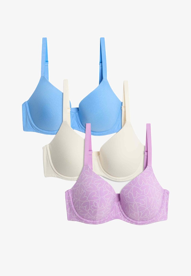 Tres sujetadores acolchados en azul, beige y lavanda estampada, dispuestos en dos filas sobre un fondo blanco.