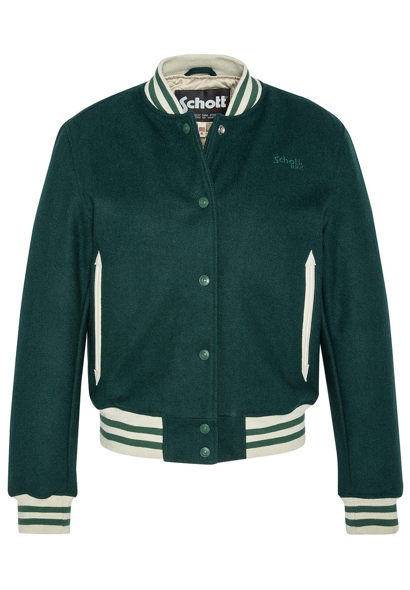 Veste de varsity en laine verte avec des accents crème, col, poignets et ourlet côtelés. Dotée d'une fermeture à boutons et de poches latérales. Marque Schott visible.