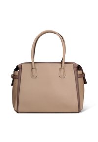 Borsa a mano in pelle beige con texture, dotata di due manici superiori e rifiniture marroni, con chiusura a zip e forma rettangolare.