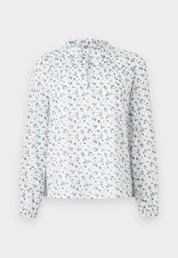 Λευκό μπλουζάκι με μακριά μανίκια και μπλε λουλουδάτο σχέδιο, με βολάν στον γιακά και λεπτομέρεια δέσιμου μπροστά.