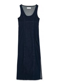 Denim-mekko, jossa on muotoiltu yläosa, kapeat olkaimet ja suora midi-pituinen leikkaus. Tummansininen kangas, jossa on sivuaukot ja vaakasuorat ompeleet.