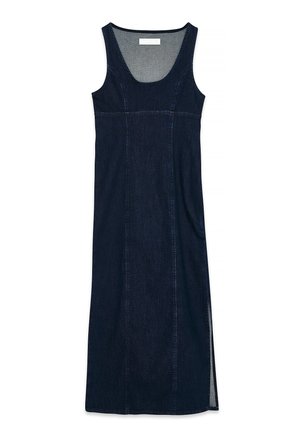 Denim dress with a fitted bodice, narrow shoulder straps, and a straight midi-length cut. Dark blue fabric with side slits and horizontal stitching.