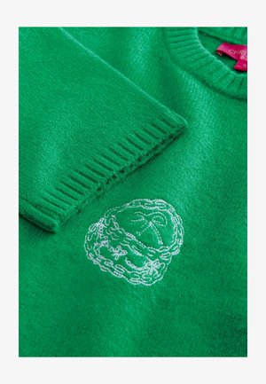 Green knitted sweater with a round neckline, featuring ribbed cuffs and hem. Notable white embroidered design on the front. Soft texture.