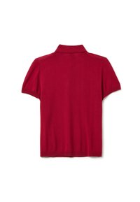 Polo shirt rosso a maniche corte con colletto a pieghe, texture liscia, polsini a costine e fessure laterali all'orlo. Solo vista posteriore.