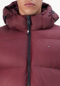 Chaqueta acolchada burdeos con cuello alto, cremallera de medio frente y cordones en la capucha. Presenta un pequeño logo en el pecho. Textura suave.