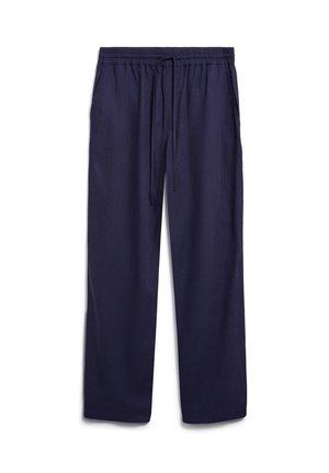 Marineblaue gerade geschnittene Hose mit elastischem Bund und verstellbarem Kordelzug, Seitentaschen, flach auf weißem Hintergrund präsentiert.