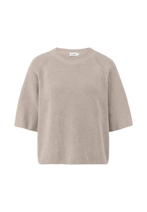 Beige gebreide trui met korte mouwen, een ronde hals en raglannaden, getoond op een witte achtergrond.