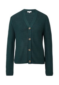 Dunkelgrüne Strickjacke mit V-Ausschnitt, sieben Knöpfen auf der Vorderseite und Rippstrickstruktur an den Bündchen und dem Saum.
