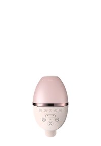 Umidificatore per la pelle a ultrasuoni a forma di uovo con parte superiore rosa opaca, base bianca lucida e accento in oro rosa metallico. Pulsanti di controllo sul davanti.