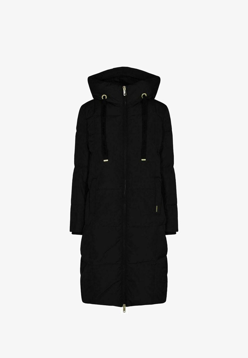 Μαύρο μακρύ παλτό με επένδυση, που διαθέτει κουκούλα, μπροστινό φερμουάρ, κορδόνια και δύο πλαϊνές τσέπες. Λείος υφασμάτινος σχεδιασμός και ελαφρύς σχεδιασμός.