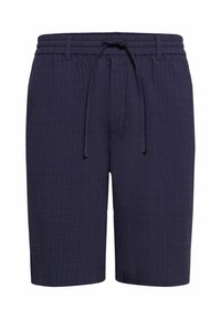 Shorts bleu marine en tissu texturé, avec une taille élastique, un cordon de serrage et un design décontracté.