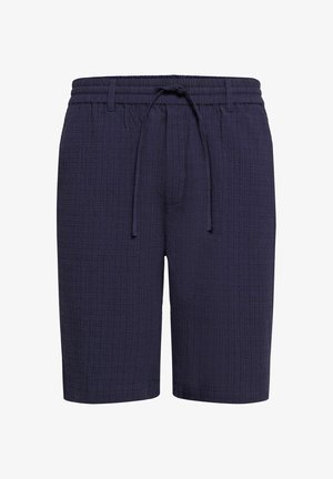 Navy blue shorts made from textured fabric, featuring an elastic waistband, drawstring closure, and a relaxed fit design.