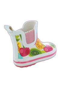 Kleurvolle waterdichte kinderlaars van rubber, met fruitpatronen op een witte achtergrond, en een roze elastische panel en zool.