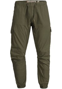 Pantalon cargo vert olive en tissu léger avec une ceinture élastique, des chevilles retroussées et des poches latérales pour plus de praticité.