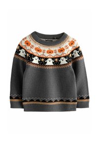Pull en tricot gris avec un empiècement orné d'un motif comprenant des citrouilles orange, des fantômes blancs, des accents noirs et des détails géométriques le long de l'ourlet.
