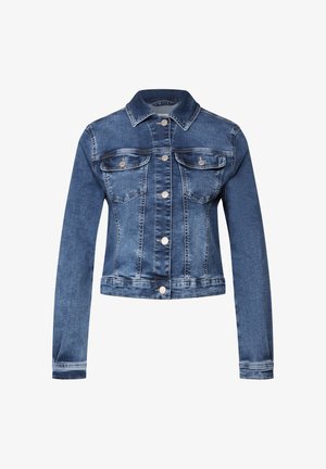 Jeansjacke in Mittelblau mit klassischem Kragen, vorderem Knopfverschluss, zwei Brusttaschen und langen Ärmeln. Überall mit einem abgenutzten Textur.