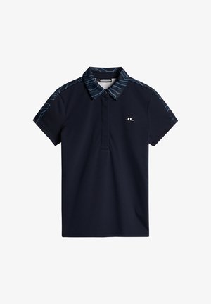 Granatowa koszulka polo z wzorzystym ciemnoniebieskim kołnierzykiem, krótkimi rękawami i białym logo na piersi. Wykonana z gładkiego, lekkiego materiału.