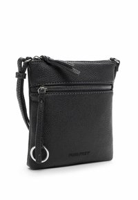 Borse a tracolla nera in pelle con superficie testurizzata, scomparto con zip e un anello in metallo argentato. Design rettangolare compatto.