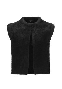 Veste noire sans manches en maille duveteuse avec devant ouvert et encolure ronde, étiquette de taille "Opus 36" à l'intérieur du col.