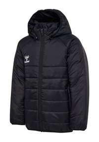 Svart pufferjacka i glansigt nylon, med dragkedja fram, huva och horisontell quiltad mönster. Logotyp på vänster bröst.