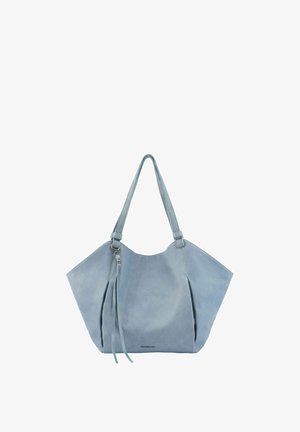 Weiche, hellblaue, große Tragetasche mit zwei Griffen und dekorativen Lederquasten, die an einem Griff hängen.