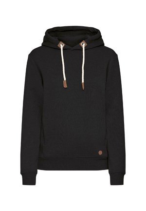 Czarna bluza z kapturem, wykonana z miękkiego materiału, z przednią kieszenią typu kangur, sznurkami w brązowych akcentach oraz okrągłym logo w lewym dolnym rogu.