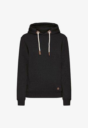 Čierna mikina s kapucňou z mäkkej tkaniny, so strešným klokankovým vreckom, šnúrkami s hnedými akcentmi a okrúhlym logom na dolnom ľavom rohu.