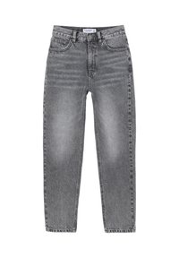High-waisted gray denim jeans with a straight-leg design, featuring faded spots, five pockets, and top button closure.