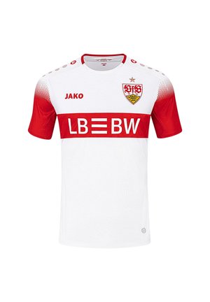 White and red short-sleeve football jersey with a red horizontal stripe, team crest, JAKO logo, and LBBW sponsor text on the front.