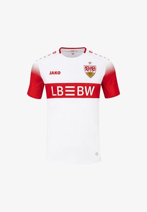Witte en rode korte mouwen voetbalshirt met een rode horizontale streep, teamlogo, JAKO-logo en LBBW sponsortekst aan de voorkant.