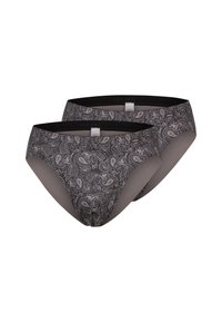 Due coppie di mutandine da donna con motivo paisley in grigio e nero, realizzate in tessuto morbido e con fascia elastica in vita per il massimo comfort.
