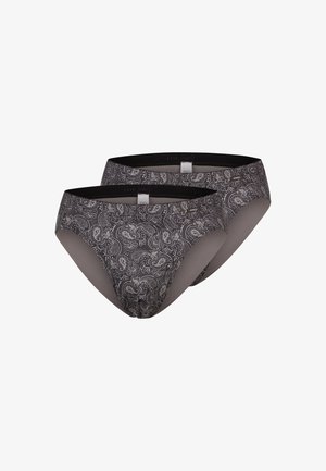 Due coppie di mutandine da donna con motivo paisley in grigio e nero, realizzate in tessuto morbido e con fascia elastica in vita per il massimo comfort.