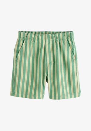 Grønne shorts med lodrette hvide og orange striber, elastisk linning og sidelommer, vist på en hvid baggrund.
