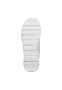Semelle de chaussure en caoutchouc blanche avec des rainures horizontales et des accents texturés. Fabriquée dans un matériau durable avec un design à bout rond.