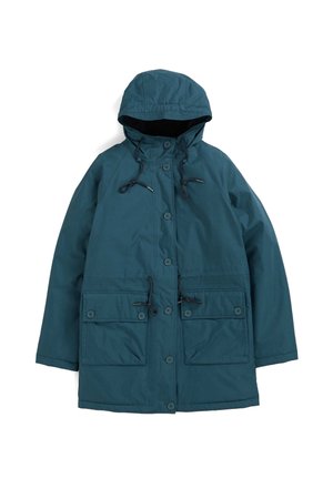 Teal waterproof parka with a hood, button closure, drawstrings, and two front pockets. Smooth texture and a relaxed fit.