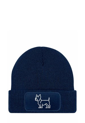 Navy knit beanie with a folded cuff, featuring a white embroidered dog logo on a rectangular patch. Textured fabric with a snug fit.
