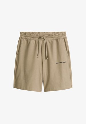 Beige casual shorts met elastische tailleband, aantrekkoord, zijzakken en een klein zwart "Marc O'Polo Denim" logo op de linker dij.