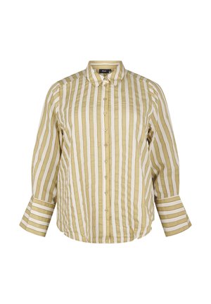 Stribet skjorte med knap i lys grøn og creme. Har lange ærmer, krave og en indsnævret kant med varierende stribevidder.