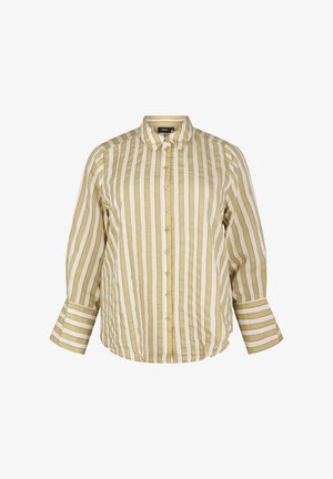 Stribet skjorte med knap i lys grøn og creme. Har lange ærmer, krave og en indsnævret kant med varierende stribevidder.