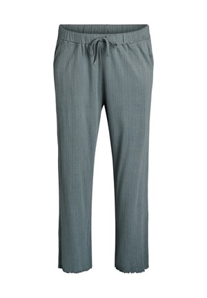 Light green, ribbed fabric pants with an elastic waistband and adjustable drawstring. Cropped length with raw edges at the hem.