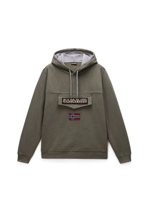 Hoodie i olivgrön, med grå insida, framficka och broderad logotyp samt detalj med den norska flaggan.