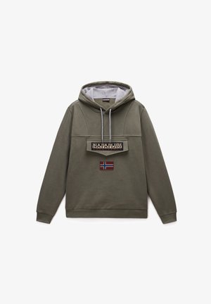 Felpa con cappuccio di colore verde oliva, con interno grigio, tasca frontale e dettagli con logo ricamato e bandiera norvegese.