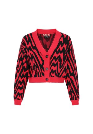 Rot und schwarz gestreifte Cropped-Cardigan mit Zickzack-Muster, V-Ausschnitt, langen Ärmeln und schwarzen Knöpfen vorne. Weicher Strickstoff.