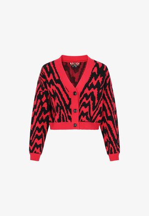 Rot und schwarz gestreifte Cropped-Cardigan mit Zickzack-Muster, V-Ausschnitt, langen Ärmeln und schwarzen Knöpfen vorne. Weicher Strickstoff.