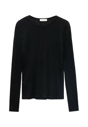 Crna dug rukav majica od rebrastog materijala s okruglim izrezom i opuštenim krojem s ravnim rubom. Nema vidljivih uzoraka ili hardvera.