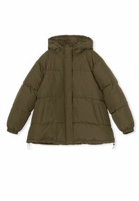 Olivgrüne Pufferjacke mit Kapuze, ausgestattet mit einem Frontreißverschluss, zwei Seitentaschen und elastischen Bündchen. Glatte Textur mit gesteppter Optik.