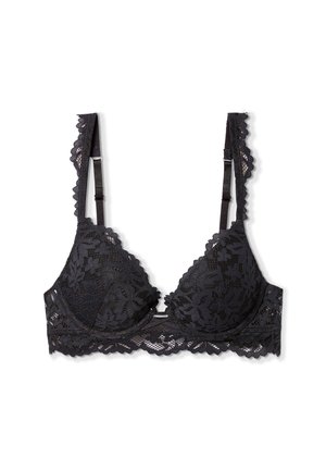 Reggiseno in pizzo nero con bordo ondulato, coppe imbottite, motivo floreale, spalline regolabili e chiusura a gancio sul retro.