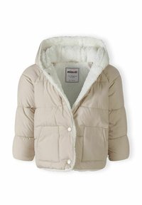 Veste courte en duvet crème avec capuche, dotée d'une douce doublure en fausse fourrure, de deux poches avant et d'une fermeture à boutons-pression.