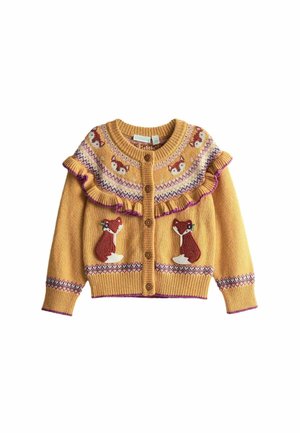 Gelbe Strickjacke mit Fuchs-Motiven, Rüschendetails, vorderen Knöpfen und gemustertem Einsatz. Verziert mit lila und weißen Akzenten.
